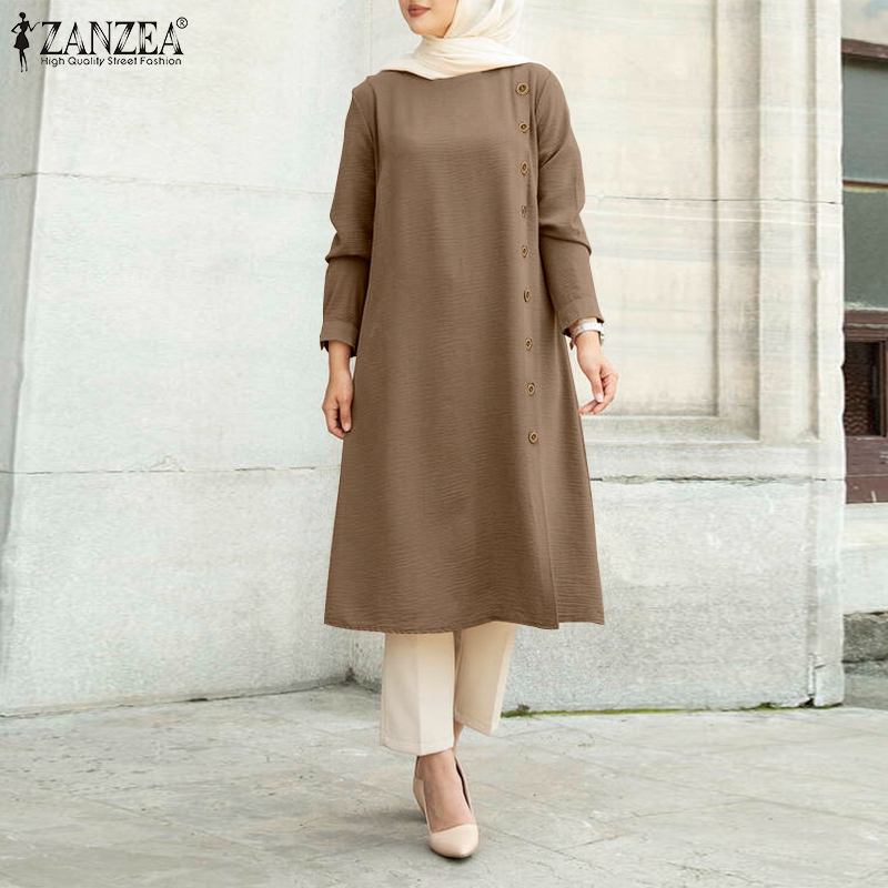 Tunic Blusas Loose Chemise Morocco Turkish Solid Chemise ZANZEA Women Muslim Long Sleeve Blouse Casual Loose Blouse Shirts Tops