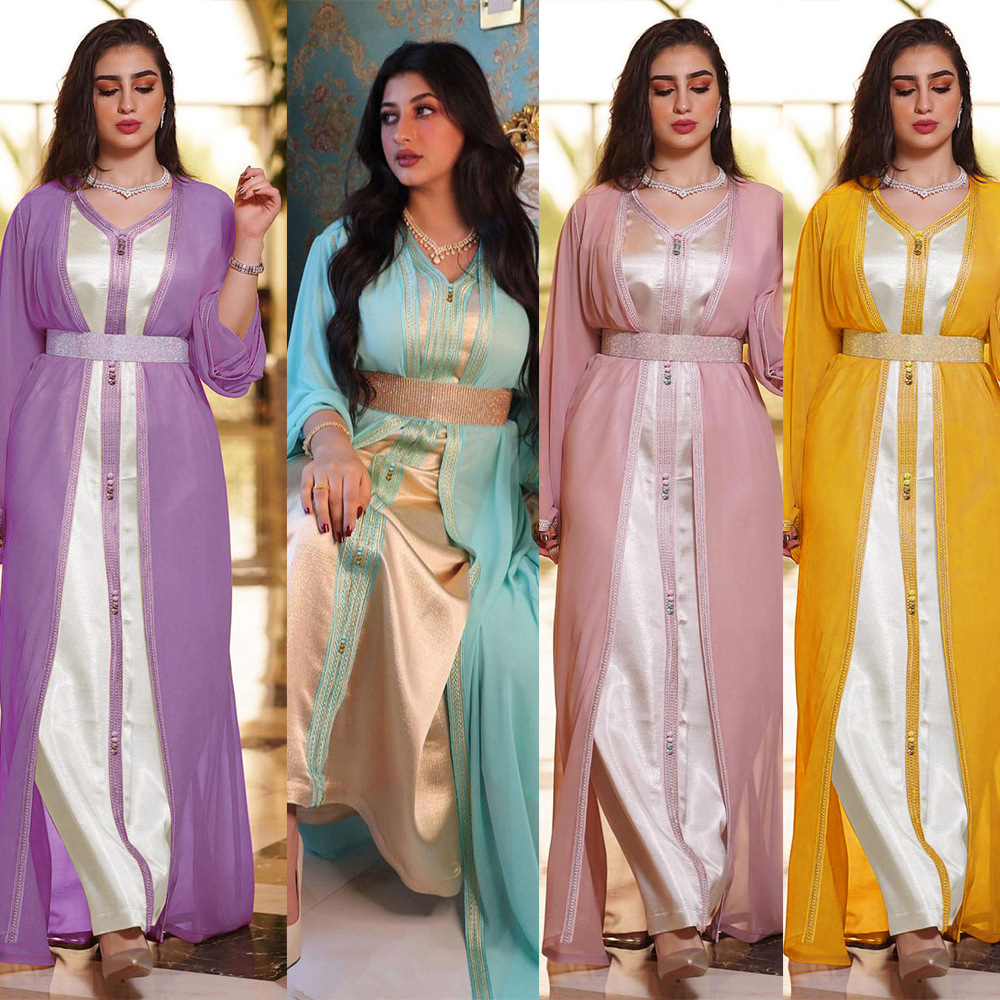 High Class Sequins Ramadan Kafta Kimono Abaya Set Dubai Arabic Turkish Noble Kaftan Long Dress Muslim Islamic Women Clothing