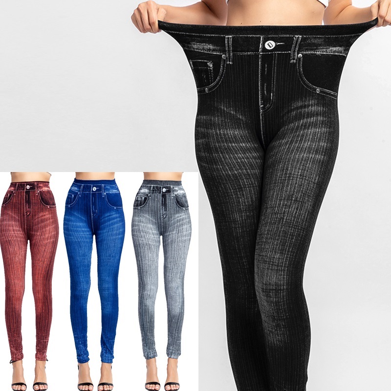 High Waist Faux Jean Leggings Slim Elastic Seamless Plus Size Skinny Pencil Pants Female Pocket Workout Running Leggings