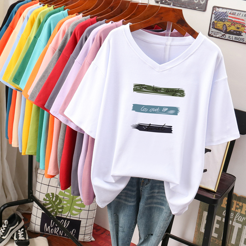 DAYIFUN  Plus Size T Shirt L-6XL Tshirt Short Sleeve Women Summer Print Big Size Casual V Neck Oversized T Shirts