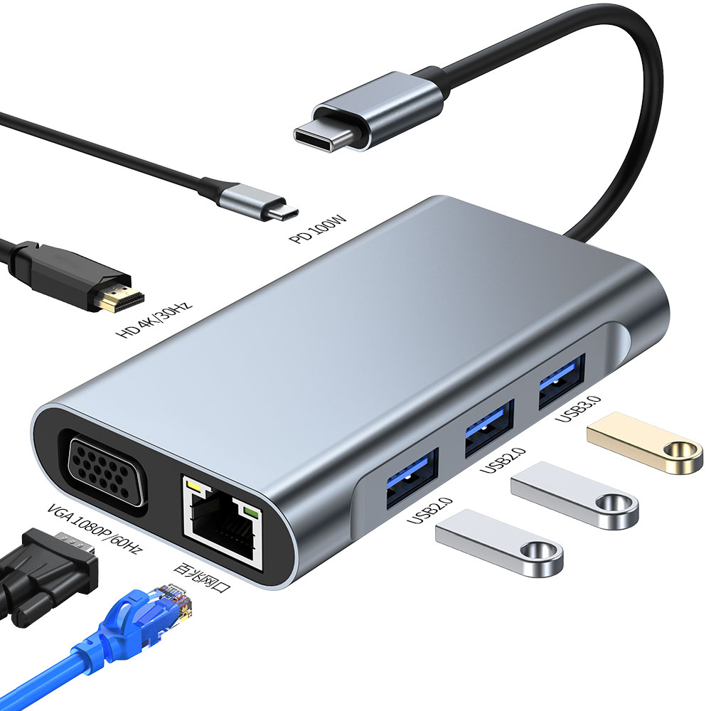 11 8 7 6 5 4 IN1 USB Tipo Type C Hub Docking Station Dual 4K HDTV VGA PD RJ45 Ethernet SD/TF Card Reader Laptop for MacBook Mini