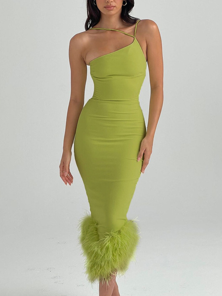 Mozision Elegant One Shoulder Feather Bottom Midi Dress For Women Robe Summer Sleeveless Bodycon Long Dress Clubwear