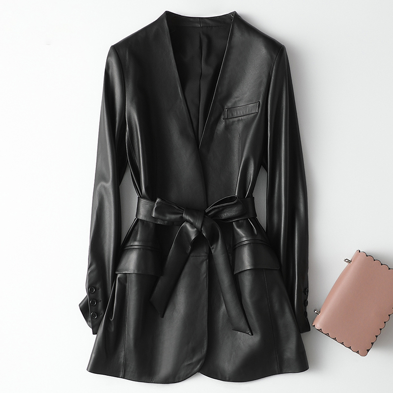 Nerazzurri Autumn Black Soft Light Faux Leather Jackets for Women  Deep V-Neck Belt Elegant    6xl 7xl