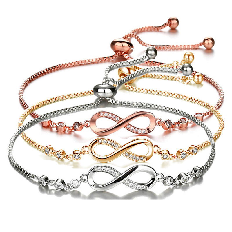  CZ Stone Infinity Bracelet Silver Plated Adjustable Pull Push Bracelet