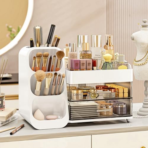 Makeup organizer with Drawers for Vanity,Spacious Cosmetic Display Case,Perfect Storage Solution for Your Beauty Essential(White)