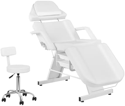 Facial Chair Tattoo Chair for Client Adjustable 3-Section Multipurpose with Hydraulic Stool for Esthetician Beauty Spa Tattoo Eyelash Equipment White