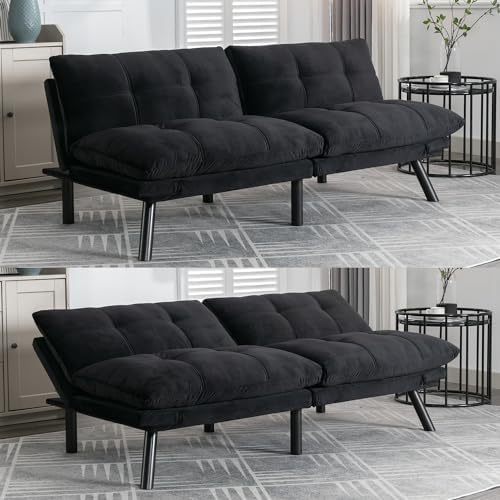 Modern Velvet Convertible Folding Futon Couch Sofa Bed Adjustable Pillow Top Arm Memory Foam Couch Double Loveseat Sofa for Compact Living Space,Dorm,Game Studio,Apartment,Bedroom (Black)