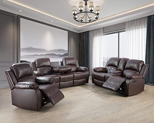 Manual Recliner Sofa Set, Bonded Leather Sofa Set Living Room Furniture, Reclining Sofa Set Leather Recliner Couch with Cup Holder/Storage Console for Living Room (3 Pieces Couch Set, Brown)