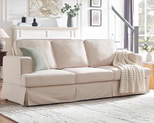 AMERLIFE Modern Sofa, 89 inch Slipcovered Sofa, 3 Seater Sofa with Removable Cover, Extra Deep Couch for Living Room, Linen Beige Sofa Couch