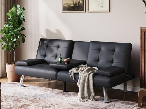 LINSY Futon Sofa Bed, Faux Leather Sleeper Sofa with Mattress and Frame, Convertible Futon Couch for Living Room, Black